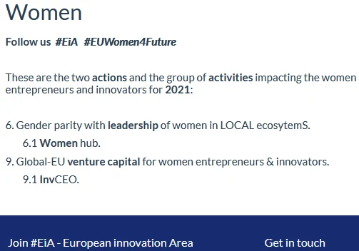 Activities for women entrepreneurs & innovators in 2021 at #EiA - EU innovation Area