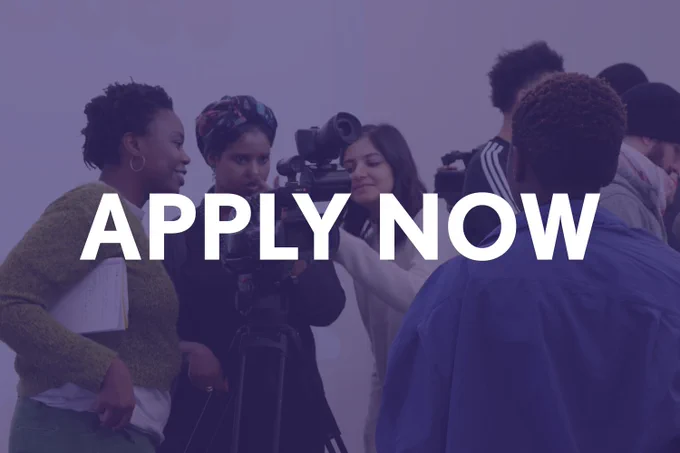 Background: students from SLG Film School 2019 working with a camera. Text overlay: APPLY NOW