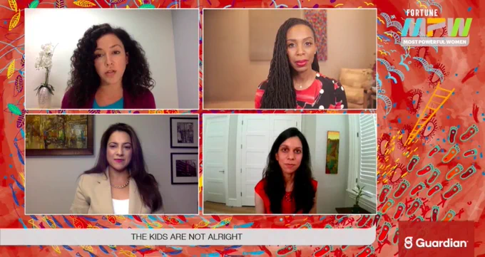 Screen grab of a Fortune M P W virtual panel featuring four women of color, including Reshma Saujani.