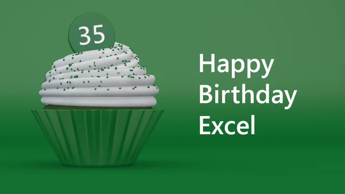 A birthday cupcake with a 35 candle on top and text that reads "Happy Birthday Excel" 