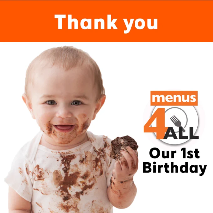 Baby eating a slide of chocolate birthday cake. text: Thank you! Menus4all! Our 1st Birthday