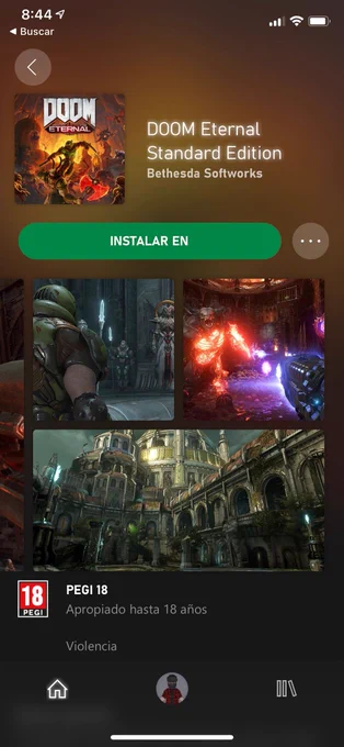 Captura de pantalla de la aplicación para iOS de Xbox Game Pass. De ve la pantalla con la ficha de Doom Eternal.
