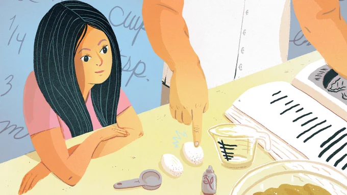 Illustration of a young girl watching an adult cook from a recipe.