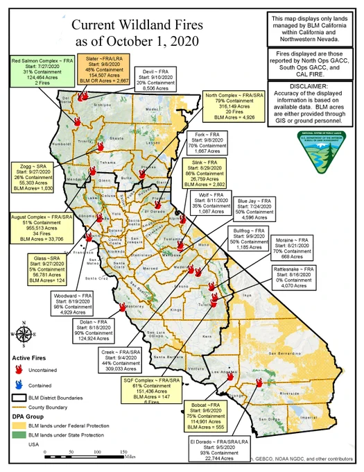 Map of current wildland fires as of October 1, 2020.