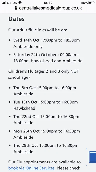 Dates for Ambleside & Hawkshead October Flu clinics