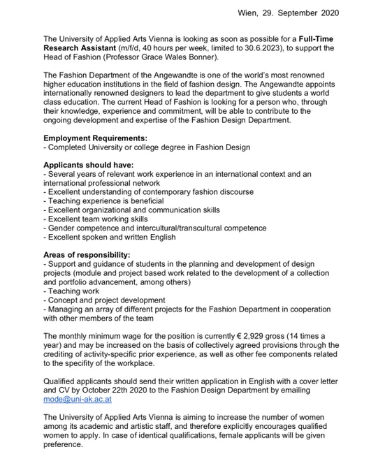 Job advertisement for a full-time research assistant at the fashion design department of the University of Applied Arts Vienna