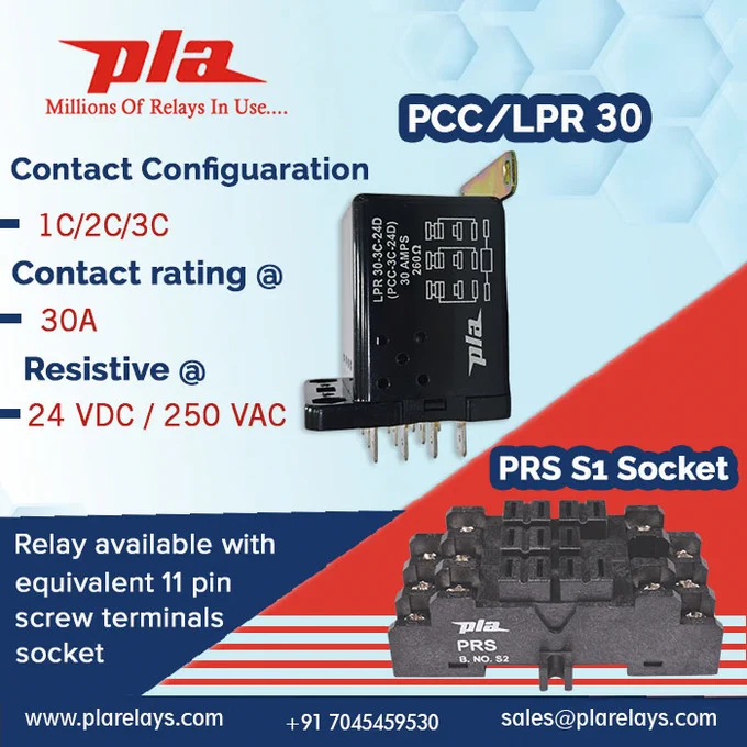 PCC/LPR 30
Contact configuration 1C/2C/3C
Contact rating @ 30A
@24 VDC / 250 VAC with
PRS S1 Socket
Relay available with equivalent 11 pin screw terminals socket
www.plarelays.com / sales@plarelays.com

#plarelays #powerrelay #PRS #socket #11pins #screw #terminals #resistive #automation #electromagnetic #electrical #reedrelay #plugunrelay #configuration #ampere #coil #rating #solder #lugs #voltage #stabilizer #processcontrols #heaters #invertors #airconditioner #machines #vending #electricallife #automotive #technology #innovation #suppressor #normalrange #surge #biomedical #equipments #inverters #processcontrolsystem #temperaturecontroller #powersupplies #industrialcontrols #integratorcontrolpanels #dcpanels #highdcvoltage #capacity #lighting #mpc #pmy #ply #pmcm #mpcn #hmpc #hpcc #coil #flexible #electricalindustry #plugin #reed #generalpurpose #manufacturer

