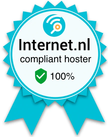 Badge met tekst “Internet.nl compliant hoster 100%”