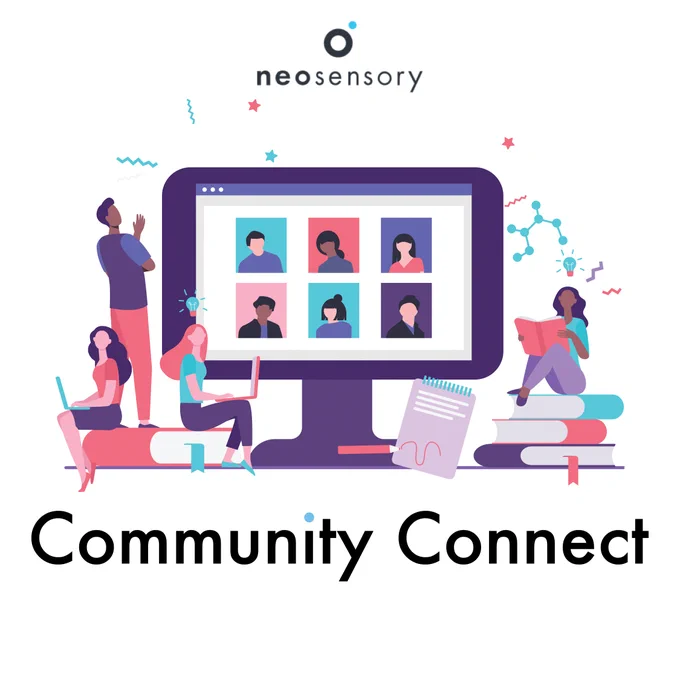 Image description: Illustrated tiny people with a variety of skin colors sitting or standing on books surrounding a stylized computer screen with a conference call on the screen. Text reading Community Connect