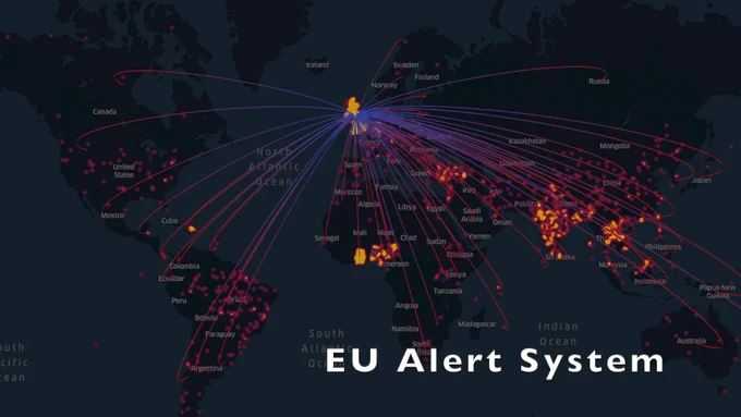 Map of the world where tens of lines between the UK and other countries indicate the countries where alerts from the Rapid Alert System for Food and Feed have originated from