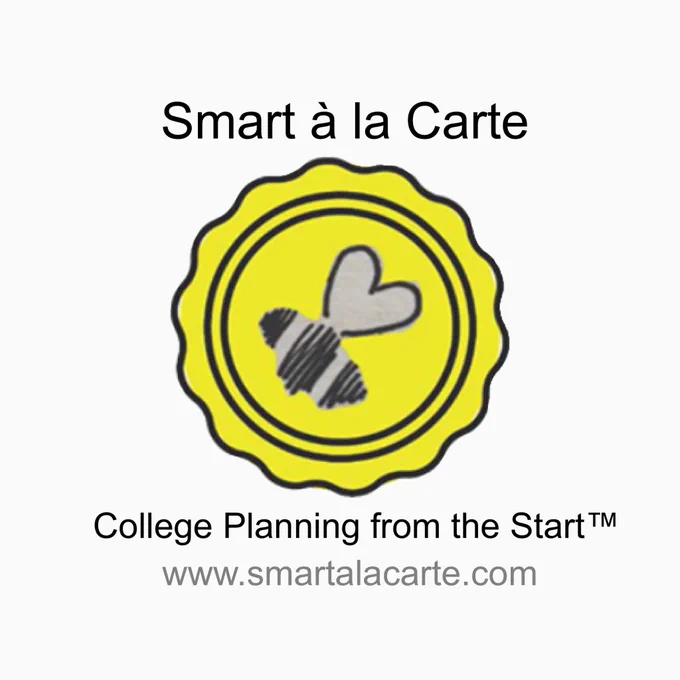 The Smart à la Carte logo is a grey and black bee in the middle of a yellow diploma seal. The top reads “Smart à la Carte” while the bottom reads “College Planning from the Start.” Underneath in grey lettering is the website address, www.smartalacarte.com.