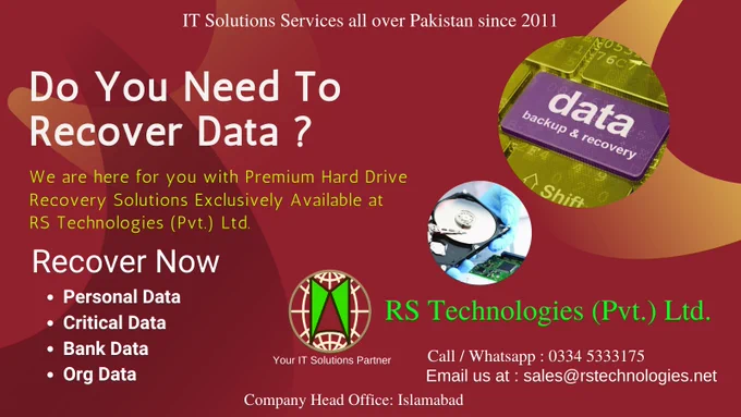 Do you need Data Recovery Service?
Is your hard drive is not working?
You can get your Complete data back again 🌹😊
Don't worry,😊 We will recover your data 😇👍,
We are here for you to provide premium IT Solutions, Your data recovery is just one call/msg away.

We are the Top IT Solutions Provider Company in Pakistan working since 2011.

We have 50  Corporate Clients including National & Intl well-known Organizations in Pakistan.

data recovery service in Pakistan, data recovery service, data recovery in Pakistan, data recovery in Islamabad, data recovery solution, data recovery, data recover in Pakistan, recover data in Pakistan, hard drive data recovery, hard drive data recovery in Pakistan, hard drive data recovery in Islamabad, data recovery