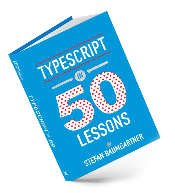 TypeScript in 50 Lessons, a blue cover with a syntax-highlighting theme.