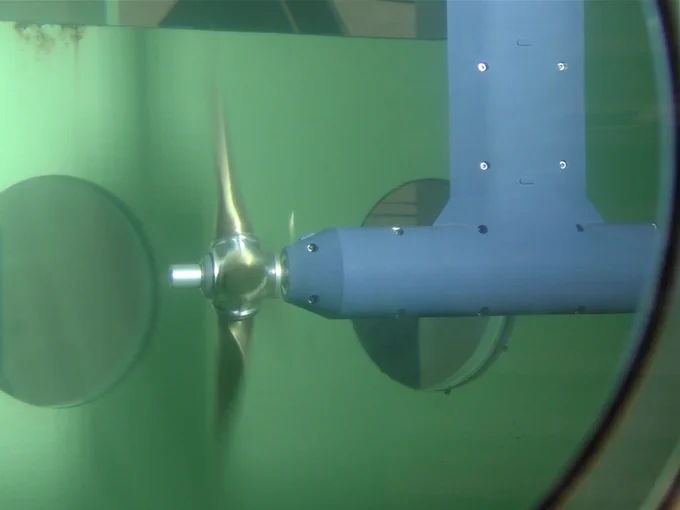 A tidal turbine undergoes testing in SSPA's cavitation tunnel as part of the NEMMO project