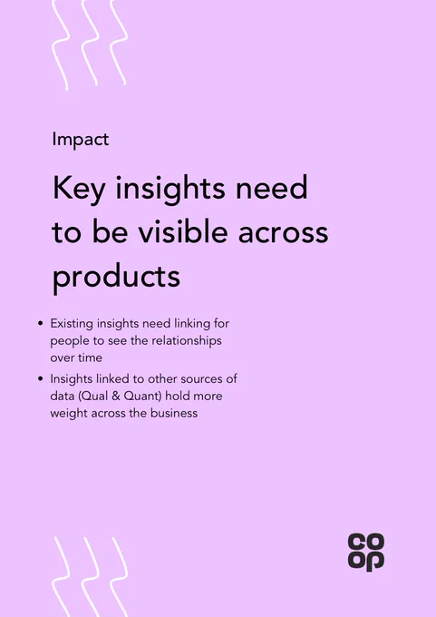 Picture of a poster:

Key insights need to be visible across products ​

• Existing insights need linking for people to see the relationships over time
• Insights linked to other sources of data (Qual & Quant) hold more weight across the business ​