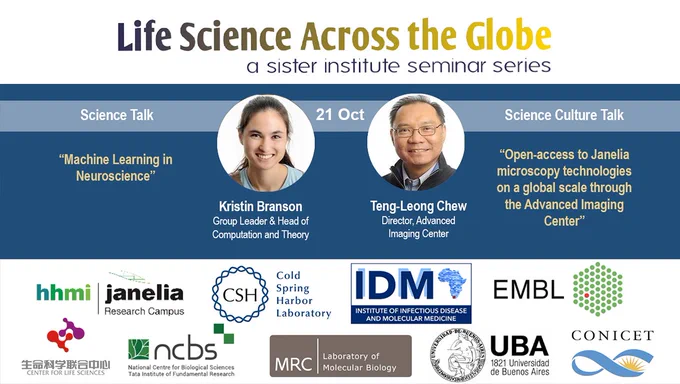 Poster for event, white and blue with text, logos and presenter photos. Text: Life Science Across the Globe: A Sister Institute Seminar Series. Check the URL for speaker information. Logos of participating institutes.