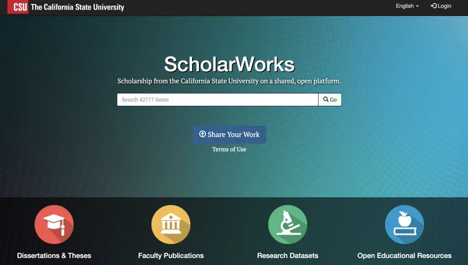 Screenshot of the home page for ScholarWorks, the CSU institutional repository. 