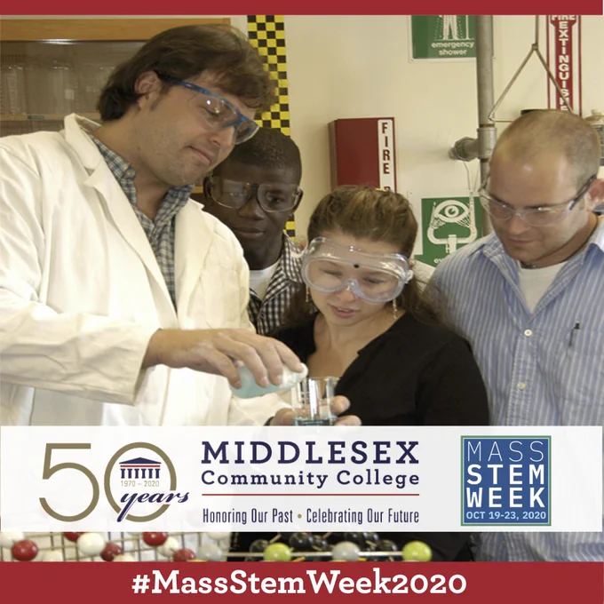 3 students look on as a professor pours chemicals into a beaker. #MassStemWeek2020