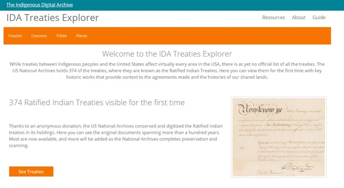 Screenshot of the Indigenous Digital Archives Treaties Explorer website showing text and a image of a handwritten treaty