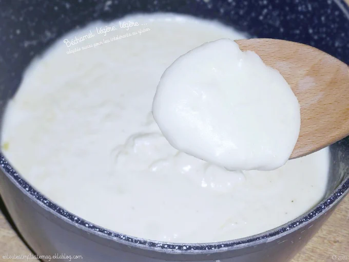 Béchamel allégée.
Healthy et light,sans gras ni farine de blé donc adaptée aux personnes intolérantes au gluten.