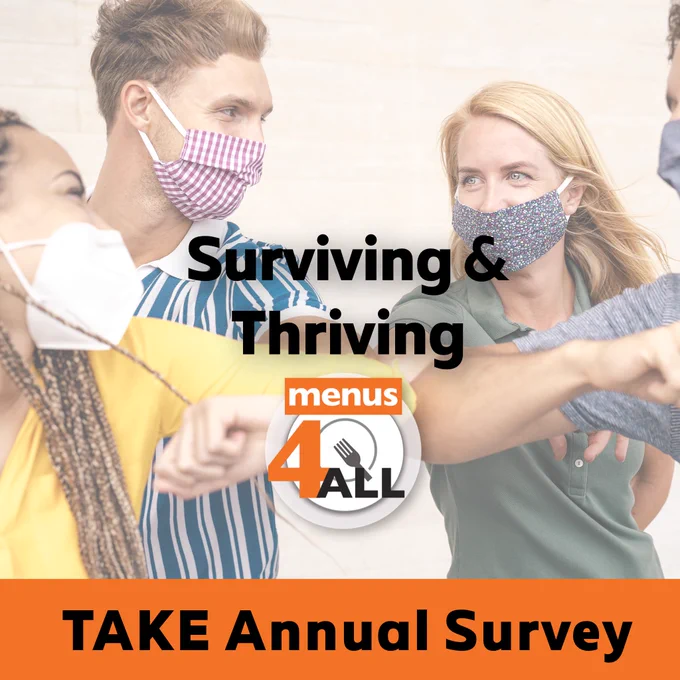 Four happy people in masks doing a group elbow bump. With the text "Menus4ALL surviving and thriving".