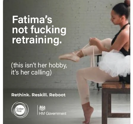 A South Asian woman puts on ballet shoes. Text reads: Fatima's not fucking retraining (this isn't her hobby, it's her calling) 