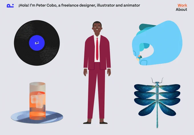Capture of Peter Cobo's brand new site, showing different illustration and animation projects 