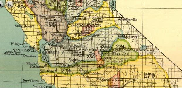 1890s map of California showing recorded land transfers from Native tribes; Bay Area to Sacramento and Marysville detail 