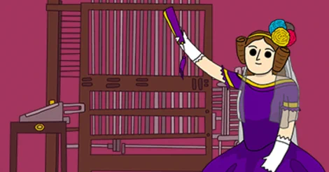 An illustration of Ada Lovelace standing in front of the Analytical Engine
