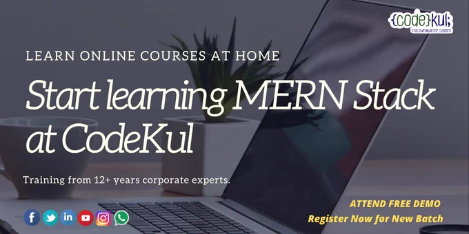 #onlinetrainingatcodekul #classroomtrainingatcodekul

Learn MERN Stack Developer course at CodeKul with 12  industry professional experts. Learn practically sessions with real time examples scenario. Ask your queries, trainer will explain you each and every concepts with explanation. 

Hurry up to join our new batch. 
For more details about the course syllabus visit here:
http://www.codekul.com/mern-stack-developer-training-institute-in-pune.html

#webdeveloper #webdevelopment #WebDevelopmentCourse #WebDeveloperJobs #frontenddeveloper #backenddeveloper #frontenddevelopment #backenddevelopment #mernstack #mernstackdeveloper #javascript #javascriptdeveloper #javascriptframework #WebDeveloperJobs #onlineclass #onlinecourses #onlinetraining #onlinetrainingprogram #onlineclasses #onlineclasses2020 #onlineclass2020 #Codekul #pune #Freshers2020 #fresher #experience 
