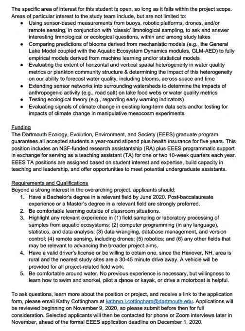Screenshots of the position description for the PhD student
