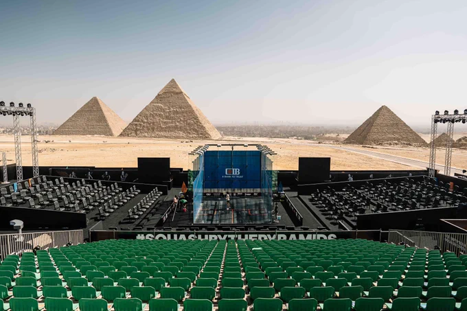 Squash glass court set up in front of the Great Pyramid of Giza in Egypt
