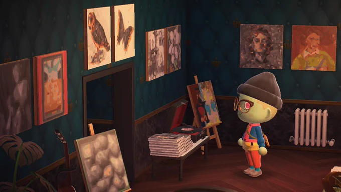 Animal Crossing avatar viewing a variety of University artworks.