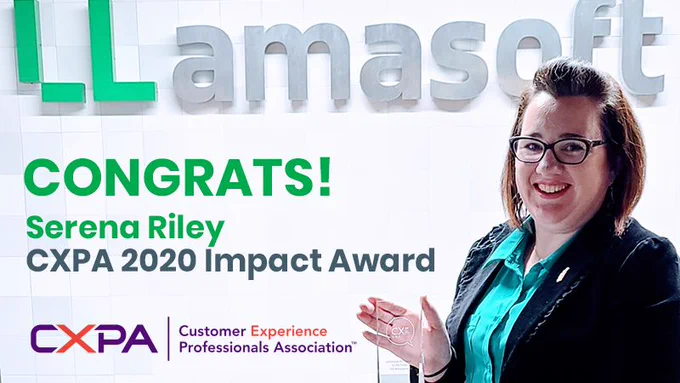 LLamasoft's Serena Riley is a winner of the CXPA 2020 Impact Award. Image features Serena holding the award at LLamasoft headquarters.