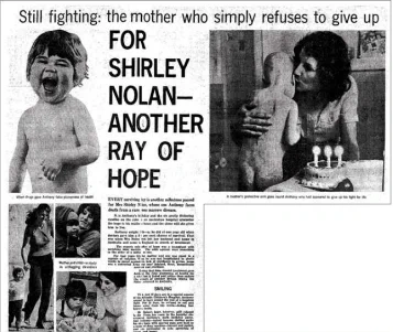 A picture of a newspaper clipping featuring Shirley and Anthony Nolan. The headline reads 'Still fighting: the mother who simply refuses to give up - for Shirley Nolan - another ray of hope'