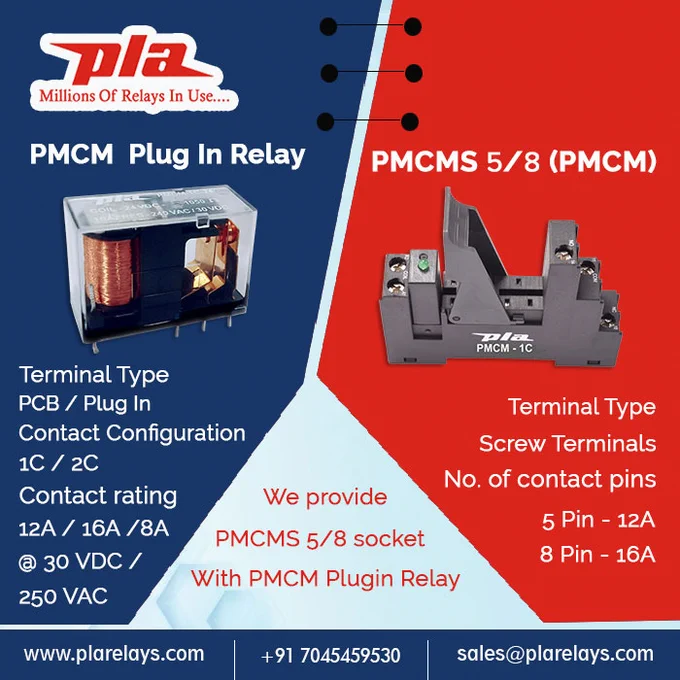 PMCM Plugin Relay
Contact Configuration 
1C/2C
Contact Rating @ 12A/16A/8A
@30 VDC / 250 VAC
We provide PMCMS 5/8 socket with PMCM plugin Relay
www.plarelays.com
sales@plarelays.com

#plarelays #relay #pluginrelay #reedrelay #powerrelay #generalpurposerelay #pcbmountrelay #socket #ampere #heavyduty #automotive #technology #innovation #pmcm #suppressor #normalrange #surge #biomedical #equipments #inverters #processcontrolsystem #temperaturecontroller #powersupplies #industrialcontrols #integratorcontrolpanels #dcpanels #highdcvoltage #capacity #lighting #mpc #pmy #ply #pmcm #mpcn #hmpc #hpcc #coil #flexible #electricalindustry #plugin #reed #generalpurpose #manufacturer #terminal #type #electrical #electricallife #electric #setback #comeback #industrial #office 