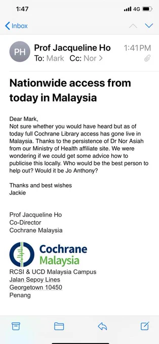 Great news from Covenor Cochrane Malaysia on Cochrane Library access