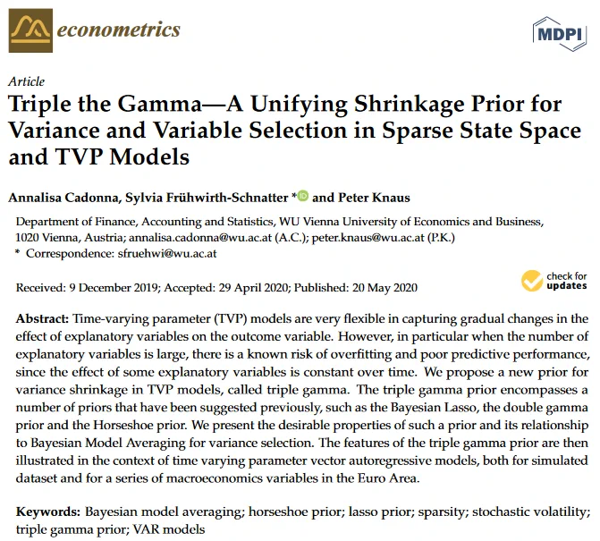 Cadonna, A.; Frühwirth-Schnatter, S.; Knaus, P. Triple the Gamma—A Unifying Shrinkage Prior for Variance and Variable Selection in Sparse State Space and TVP Models. Econometrics 2020, 8, 20.