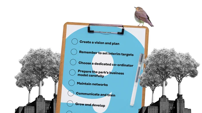 Bird sitting on a notebook containing a list, with trees in the background.