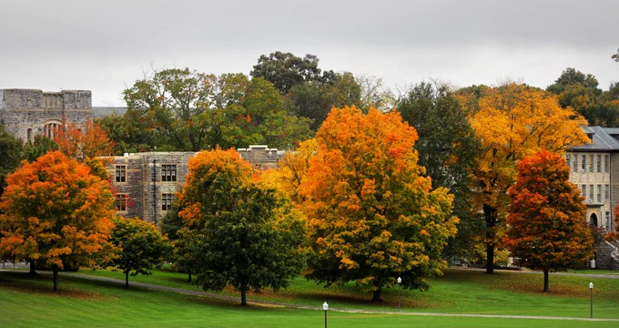 Orange, yellow, and green trees in front of Hokie Stone