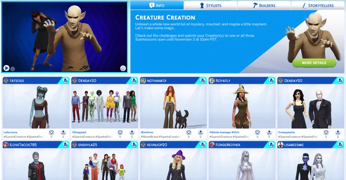 Screenshot of The Sims 4 Gallery page showing Spark'd challenge entries and information about the challenge.