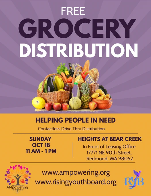 Free Grocery Distribution on Oct18 #ampowering #covid19 relief #fightingfoodinsecurity #cityofredmond #risingyouthboard