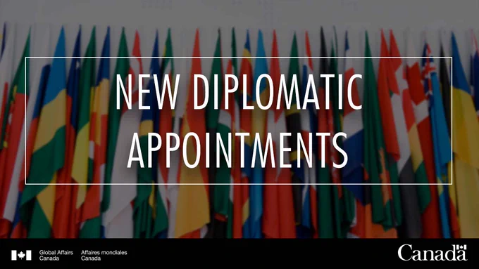 New diplomatic appointments. Multiple flags in the background.