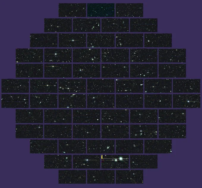 Full Blanco DECam focal frame with 62 CCDs with lots of stars and a purple background