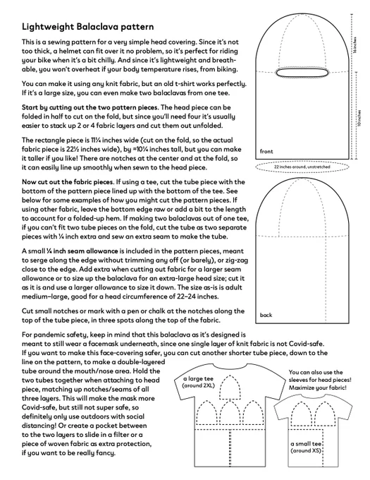 Page 1 of lightweight balaclava sewing pattern: instructions on how to cut out the pieces and illustrations of the finished balaclava, front and back, and examples of how you might cut the pieces out from large and small t-shirts