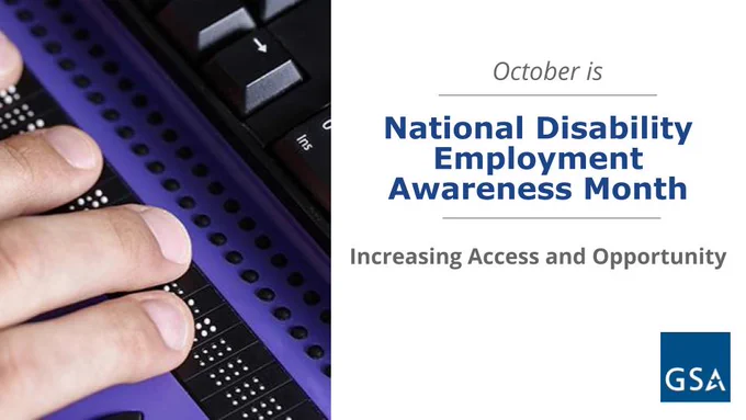 Text that reads October is National Disability Employment Awareness Month. Increasing Access and Opportunity. Stock photo of hand using a braille keyboard.