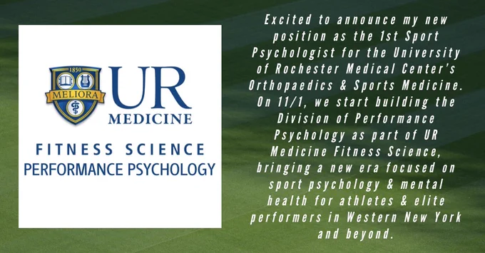 Announcement of Dr. Cypher’s new position as Sport Psychologist at UR Medicine Fitness Science