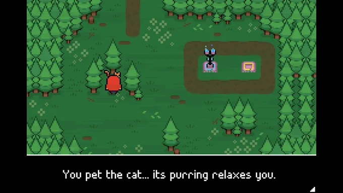A traveler pets a cat in a 2D forest. Photo reads: "You pet the cat... it's purring relaxes you."