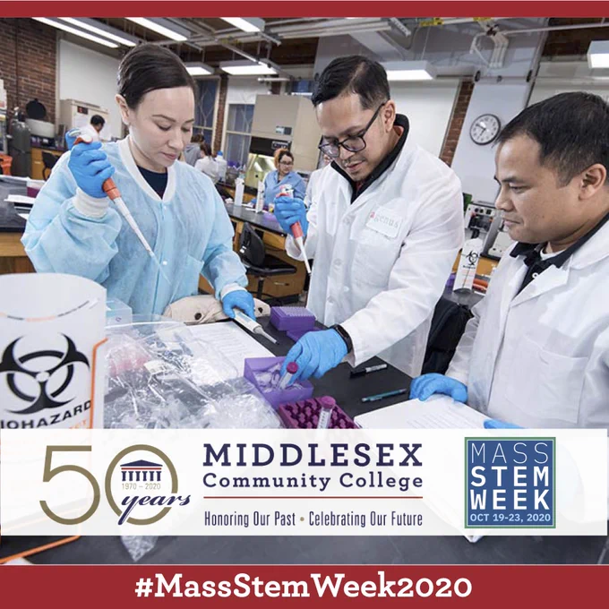 3 stem students standing over a lab table using pipets to fill beakers. #MassStemWeek