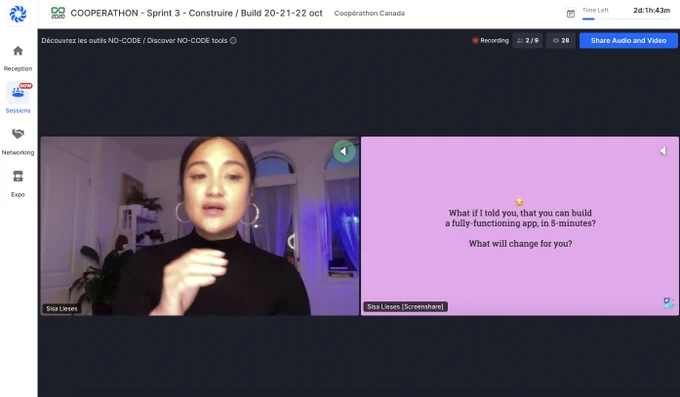 Webinar screenshot of Sisa, Design Off the Boat Co-Founder, with a slide of her powerpoint that reads, "What if I told you that you can build a fully-functioning app in 5-minutes? What will change for you?"